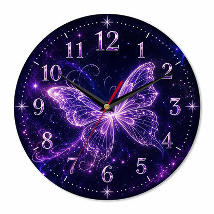 Glowing Purple Butterfly Wall Clock 10 Inch - Silent, Vintage Retro Farmhouse