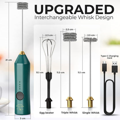 Zulay Kitchen Rechargeable Milk Frother - 3 Speeds & 3 Whisk Attachments - USB Charging for Lattes & Cappuccinos - Green Gold
