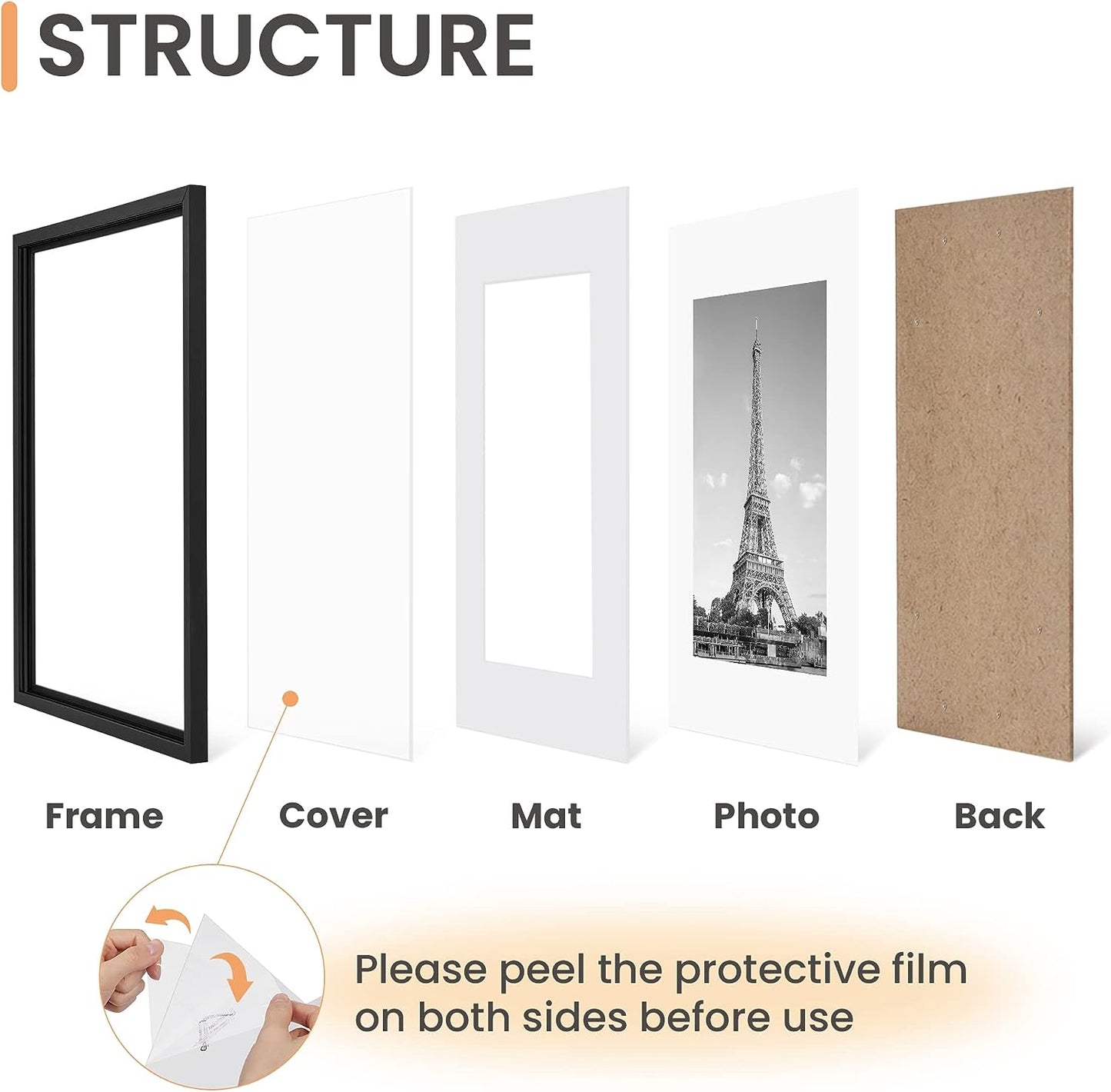 Upsimples A3 Picture Frame Set of 5 - Display 8.3x11.7 Photos with Mat or 11.7x16.5 Without | Black Wall Gallery Frames