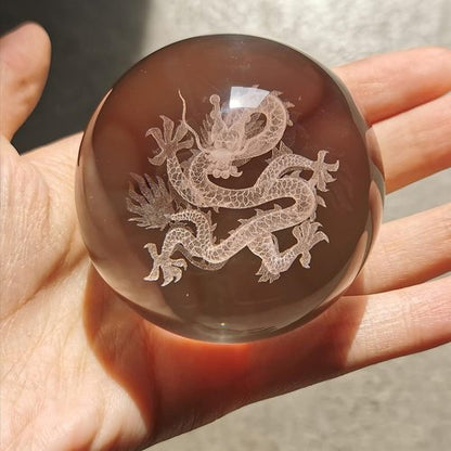 HDCRYSTALGIFTS 3D Inner Carved Dragon Crystal Ball - 60mm Glass Paperweight with Wooden Base for Lucky Birthday Gift