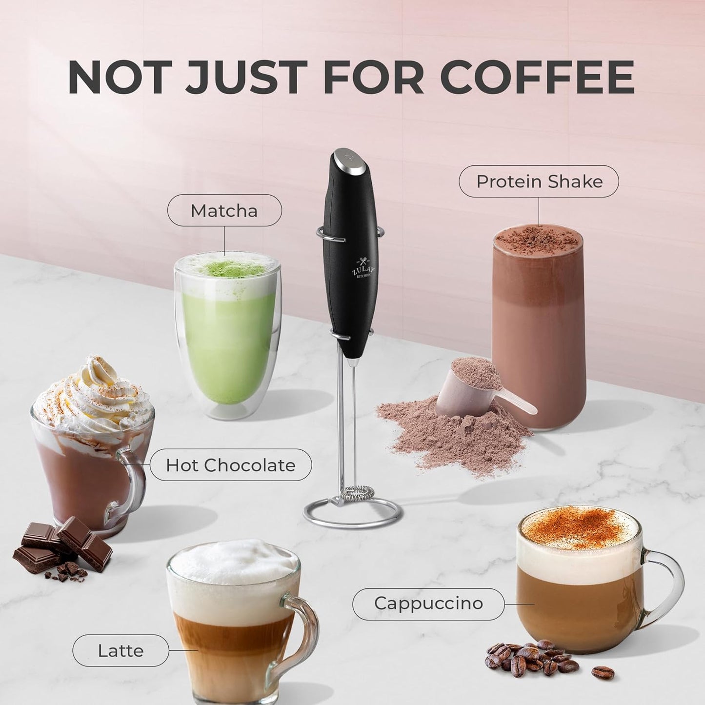 Zulay Kitchen Milk Frother Wand - Ultra Fast Handheld Electric Whisk for Coffee & Lattes - Metallic Black