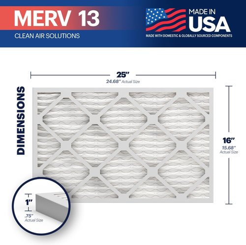 BNX TruFilter MERV 13 Air Filters 16x25x1 (6-Pack) - Electrostatic Pleated for Allergies & Smoke