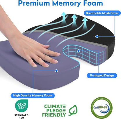 CushZone Seat Cushion - Memory Foam Coccyx Pillow for Sciatica & Back Pain Relief | Black Office Chair Cushion