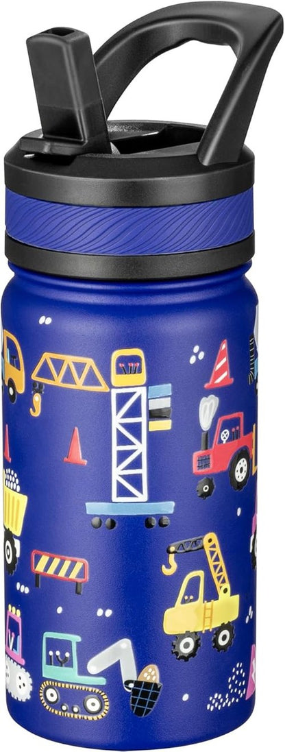 Fanhaw Insulated Kids Water Bottle - 14 Oz Stainless Steel, Leakproof & BPA-Free, Blue Construction Design