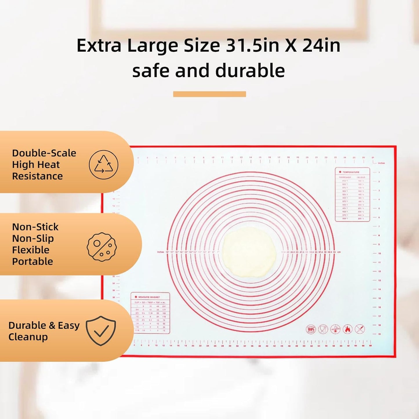 Silicone Baking Mat by Extra Large | Non-Stick, Heat-Resistant Dough & Pastry Roller – 31.5'' x 24''