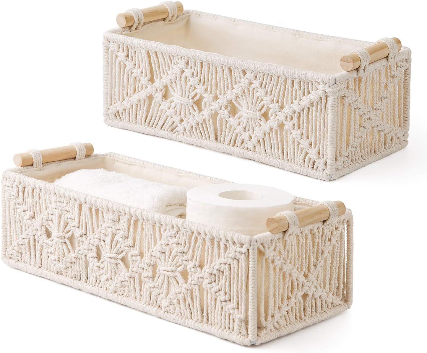 Mkono Macrame Storage Baskets - Handmade Woven Organizer for Home Décor | Set of 2, Ivory