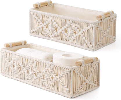 Mkono Macrame Storage Baskets - Handmade Woven Organizer for Home Décor | Set of 2, Ivory
