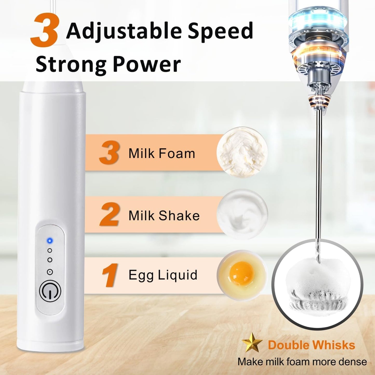 Skiennix Rechargeable Milk Frother - USB-C Coffee Foam Maker with Stainless Steel Whisk | 3 Speeds, White