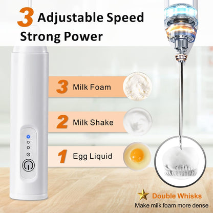 Skiennix Rechargeable Milk Frother - USB-C Coffee Foam Maker with Stainless Steel Whisk | 3 Speeds, White