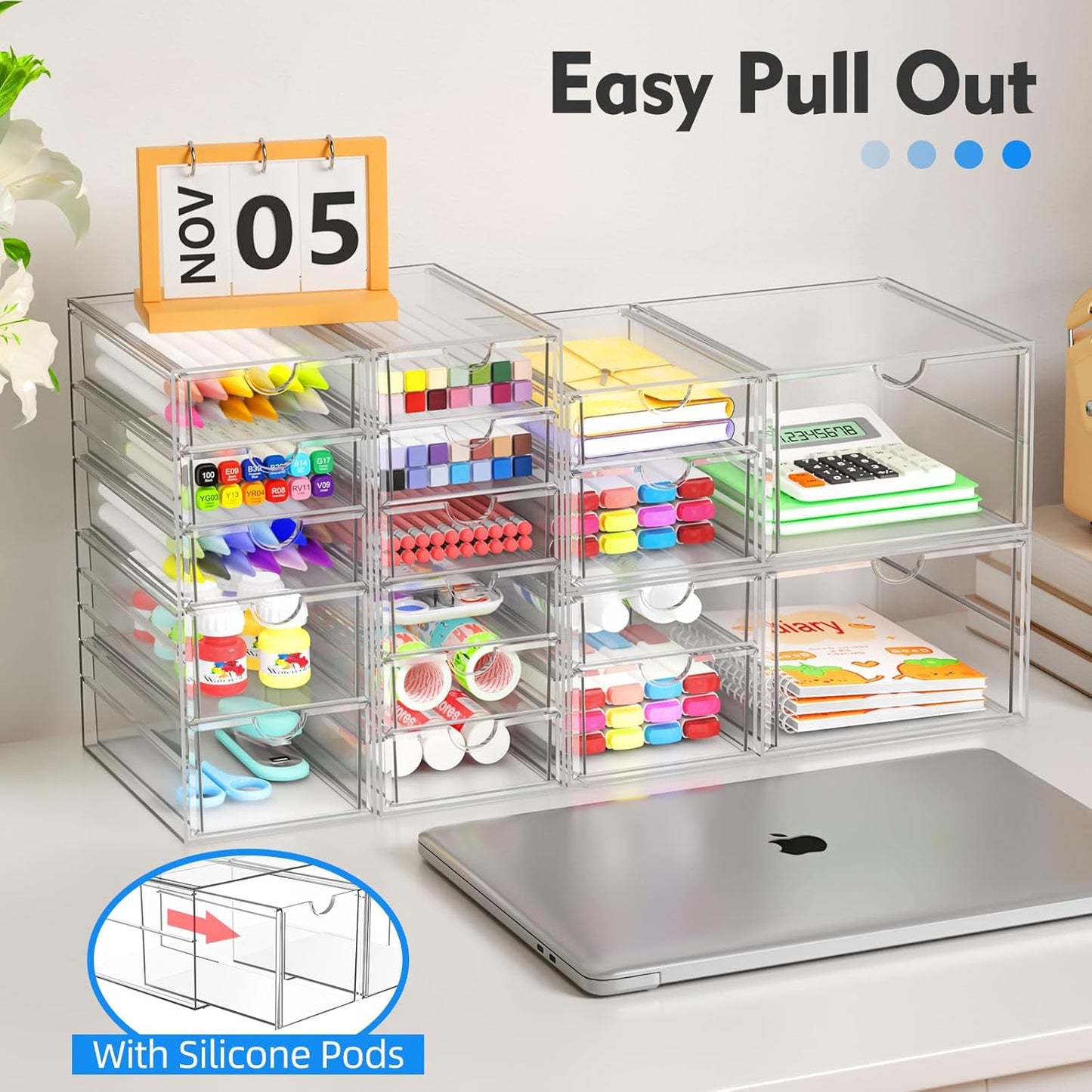Skiennix Acrylic Makeup Organizer - 13 Drawer Bathroom & Desk Storage Solution | 3 Pack