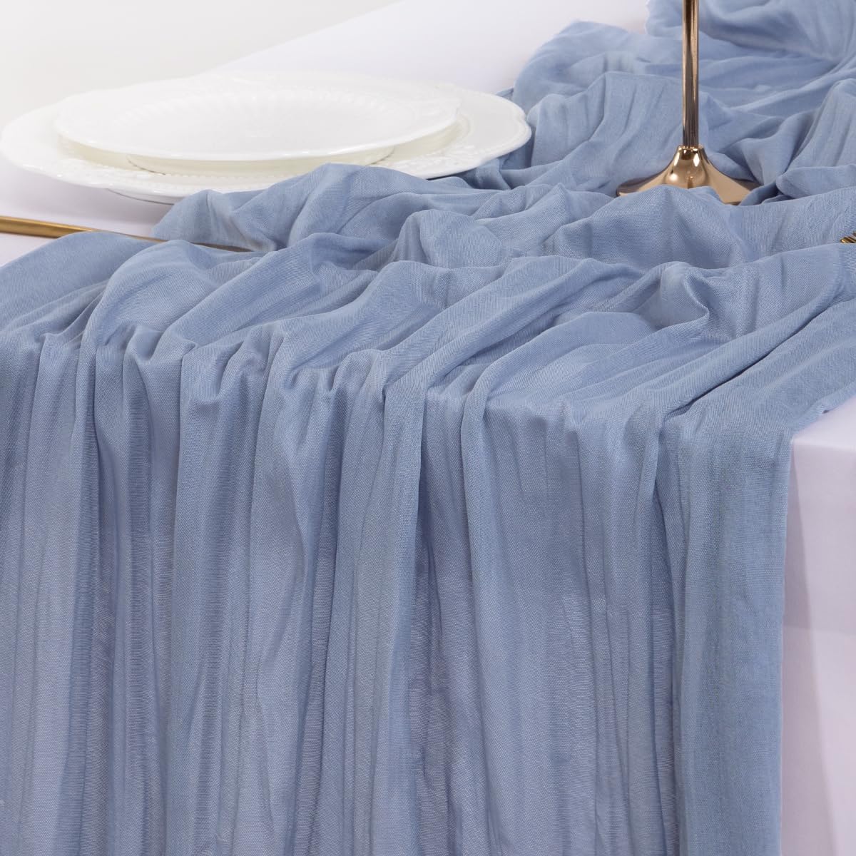 Socomi Cheesecloth Table Runner - Dusty Blue Boho Rustic Sheer 120 Inch for Weddings & Home Decor