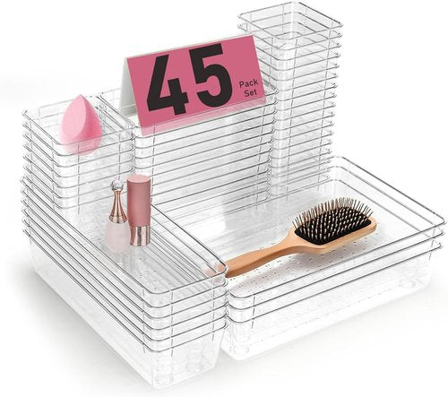 Clear Plastic Drawer Organizers by [Brand Name] - 45 Stackable Storage Bins for Makeup, Kitchen, Office