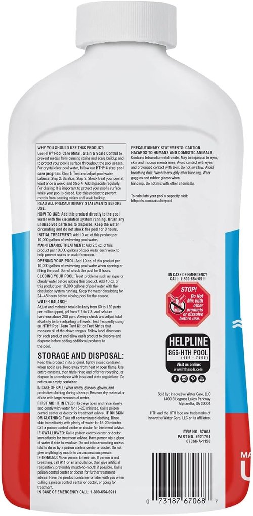 HTH 67068 Swimming Pool Care - Metal & Stain Defense for Corrosion Prevention & Protection