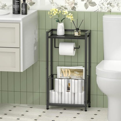 Freestanding Toilet Paper Holder - Stylish Bathroom Tissue Stand with Storage Shelf for Phone & Magazines