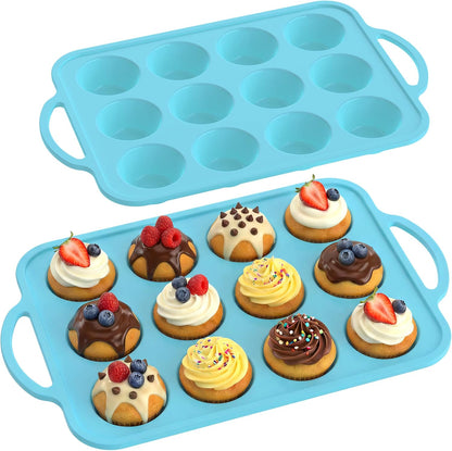 Skiennix Silicone Muffin Pan - 12-Cup BPA-Free Baking Tray with Metal Reinforced Frame | Blue