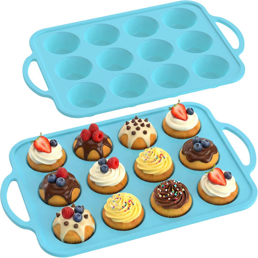 Skiennix Silicone Muffin Pan - 12-Cup BPA-Free Baking Tray with Metal Reinforced Frame | Blue
