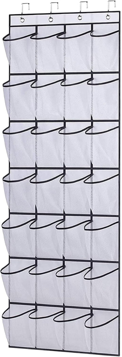 Skiennix Over The Door Shoe Organizer - 28 Mesh Pockets for Space-Saving Storage | White