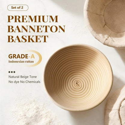 2 Pack Banneton Bread Proofing Baskets - 9 Inch Round Natural Rattan for Sourdough Baking