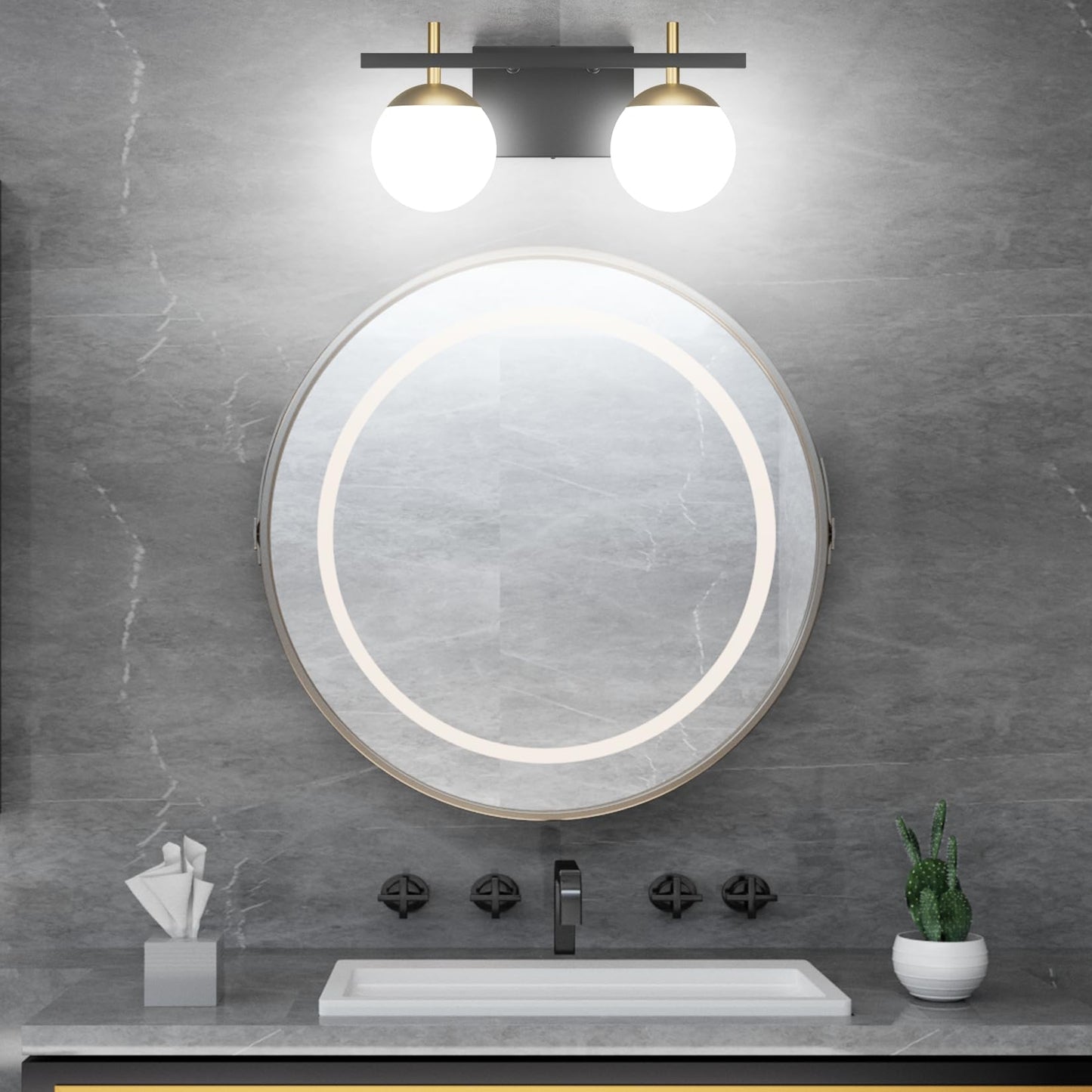 Ralbay 2-Light Black Gold Bathroom Vanity Light - Mid Century Modern Bathroom Light Fixture with Black/Golden Milky Glass Ball Wall Light