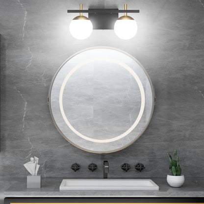 Ralbay 2-Light Black Gold Bathroom Vanity Light - Mid Century Modern Bathroom Light Fixture with Black/Golden Milky Glass Ball Wall Light
