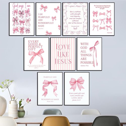 Coquette Pink Bow Wall Art - Inspirational Bible Verses Canvas Prints | 8x10 Unframed Decor for Teen Girls