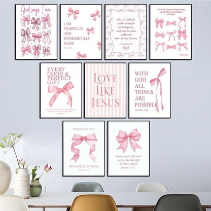 Coquette Pink Bow Wall Art - Inspirational Bible Verses Canvas Prints | 8x10 Unframed Decor for Teen Girls
