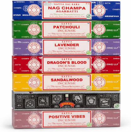 Satya Incense Gift Set - Nag Champa, Dragon's Blood, Sandalwood & More | 15g Variety for Positive Vibes