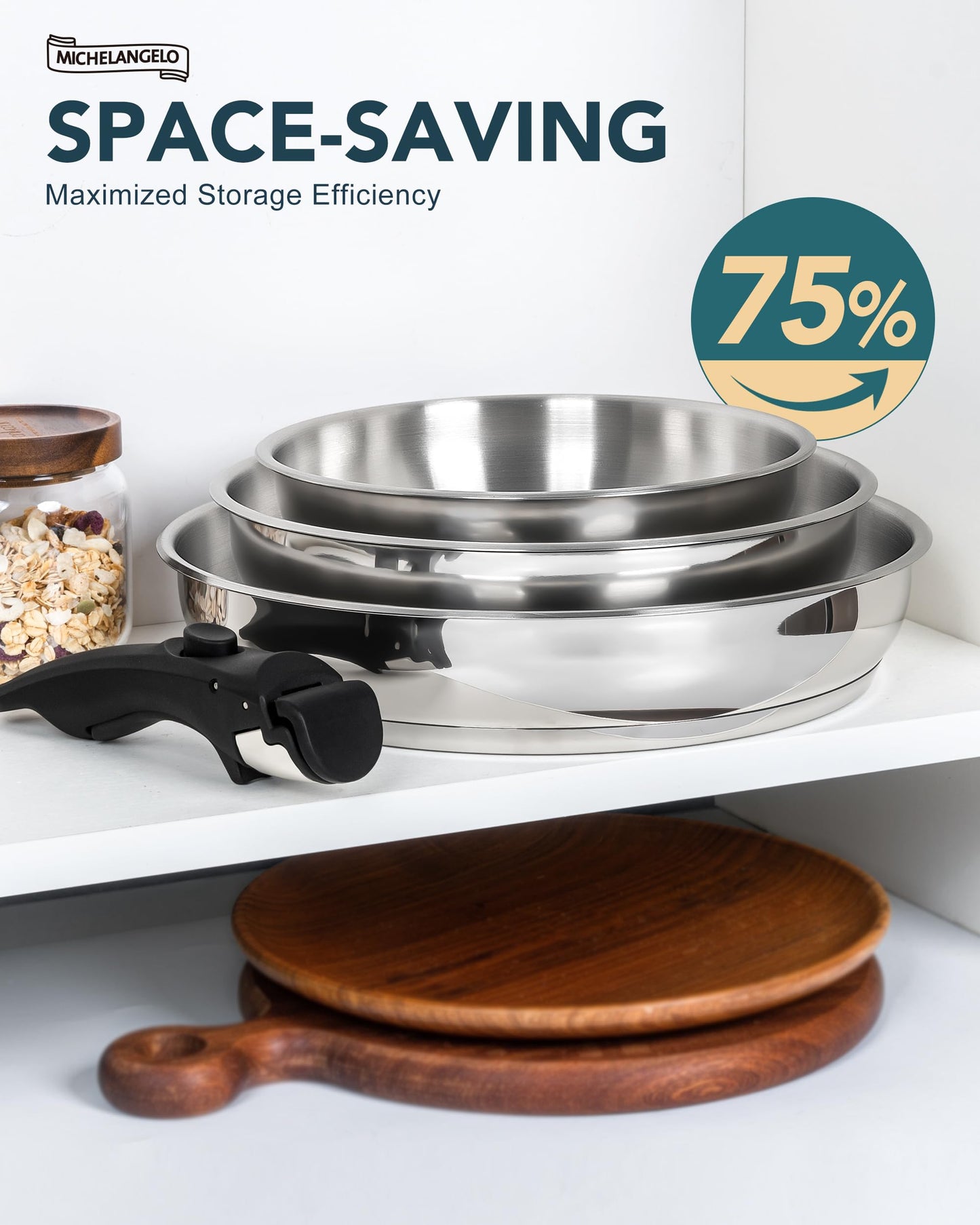 MICHELANGELO Stainless Steel Frying Pan Set, Cooking Pans with Removable Handle, Triply Base Stainless Steel Pan Set, Induction Compatible Skillet- 8" & 9.5" & 11"