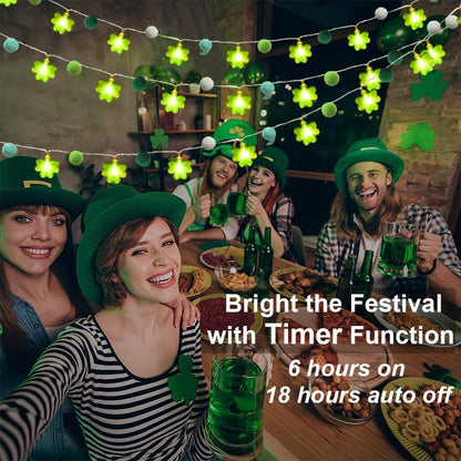 Skiennix St. Patrick's Day Lights Garland - 20 LED Lucky Clover Pompoms | 9.85ft Indoor Decor