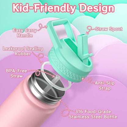 Baab Insulated Kids Water Bottle - 18oz Stainless Steel Straw Cup with Stickers | Pink & Purple, 2 Pack