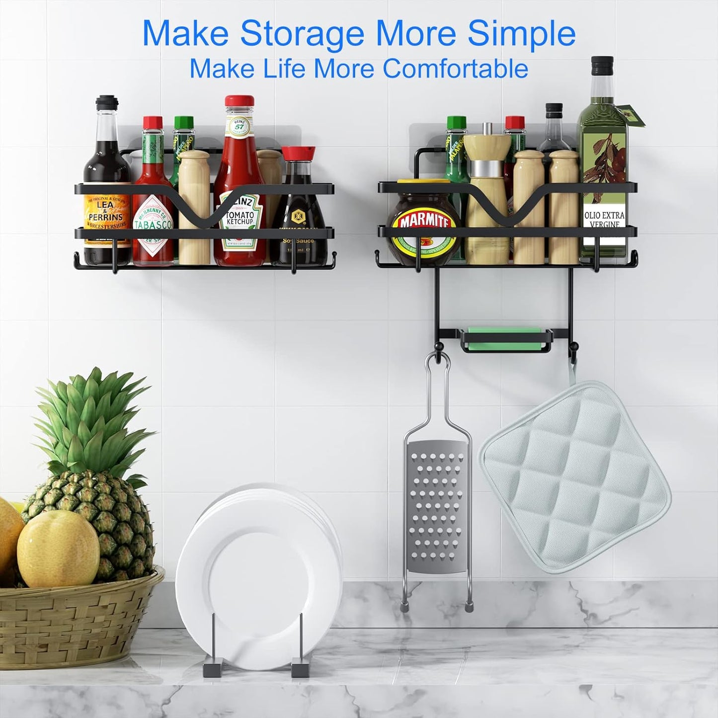 Skiennix Shower Caddy 3 Pack - Rustproof No Drill Organizer Shelves with Soap Dish & Hooks | Black