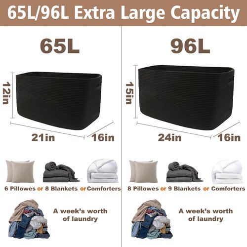 JMvicyroam Woven Blanket Basket - 65L Large Storage Bin for Toys, Clothes & Blankets | Black Decorative Rope Design