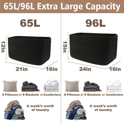 JMvicyroam Woven Blanket Basket - 65L Large Storage Bin for Toys, Clothes & Blankets | Black Decorative Rope Design