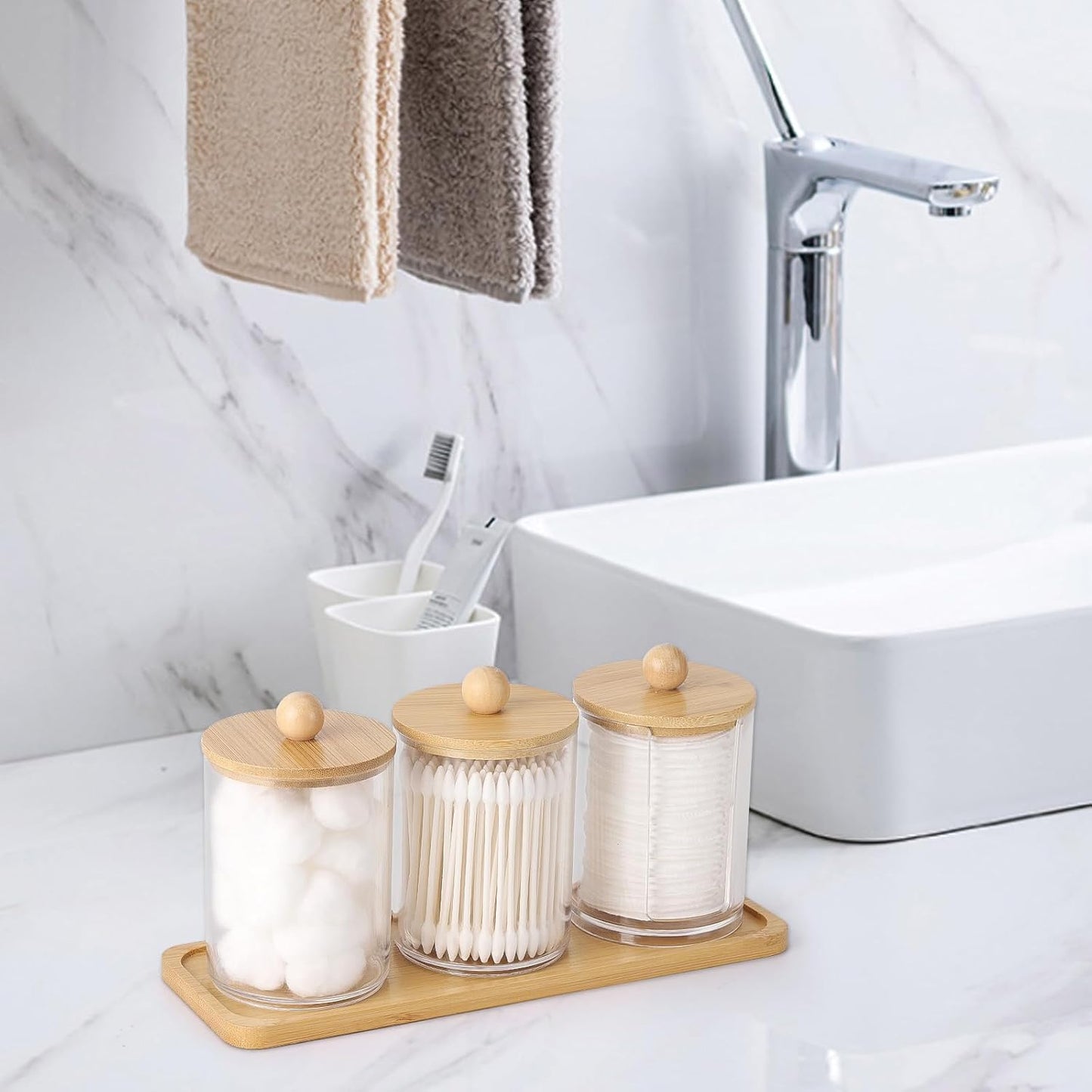 Tbestmax Qtip Holder - 10 Oz Clear Apothecary Jar with Bamboo Lid | 3 Pack Cotton Swab Dispenser