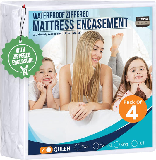 Utopia Bedding Waterproof Mattress Protector - Zippered Queen Size Encasement | Pack of 4, Bed Bug & Dust Mite Proof