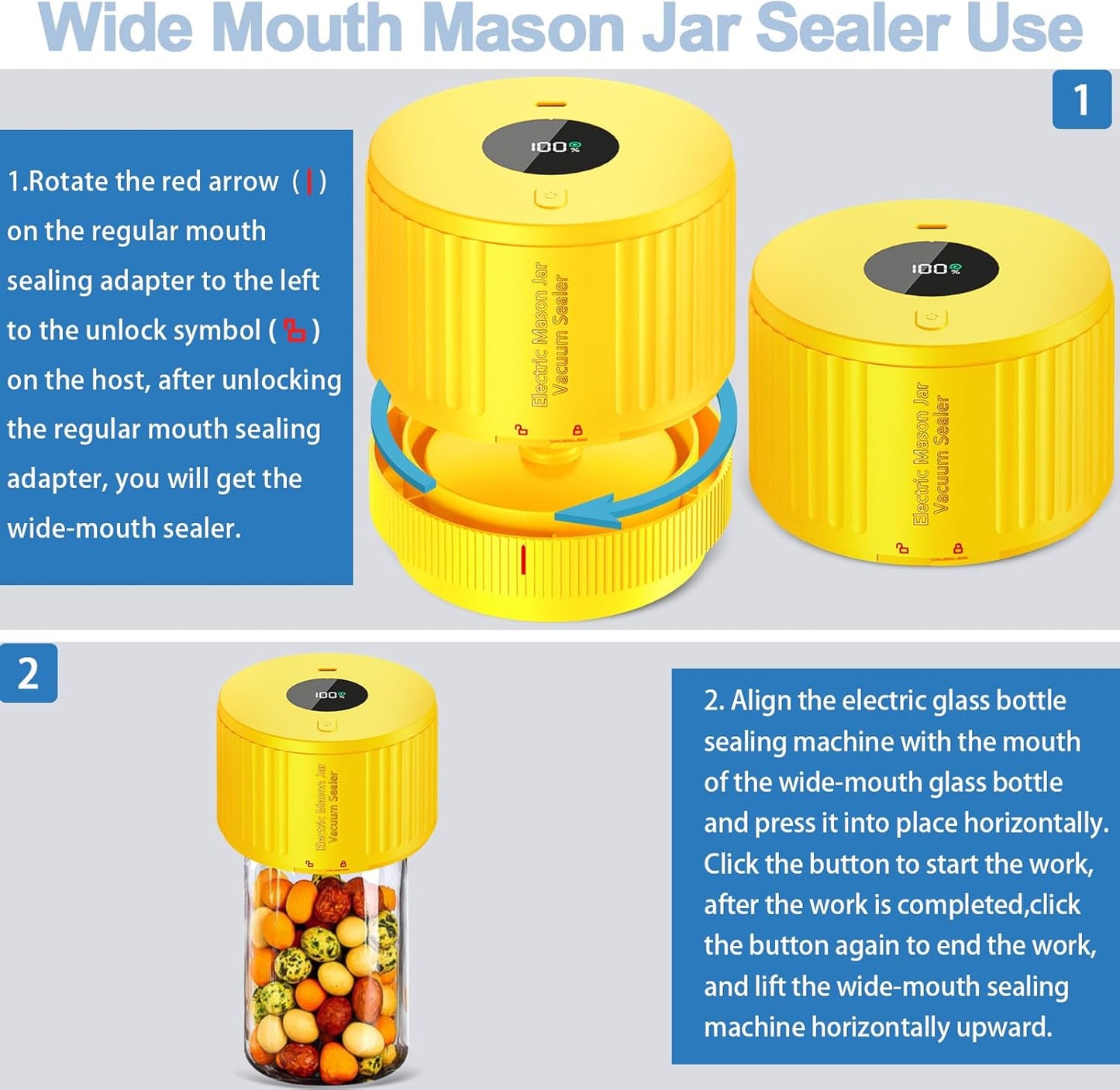 Skiennix Electric Mason Jar Vacuum Sealer Kit - Ideal for Wide & Regular Mouth Jars - Yellow