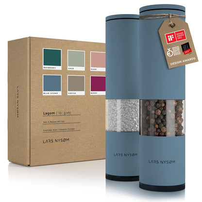 LARS NYSØM Salt and Pepper Grinder Set 2 pieces I Salt Pepper Mill with Adjustable Ceramic Grinder I Design Spice Grinder Set Manual (Stone Blue)