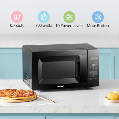 Comfee' Countertop Microwave Oven - 0.7 Cu.Ft, 700W, Sound On/Off & ECO Mode - Black Finish
