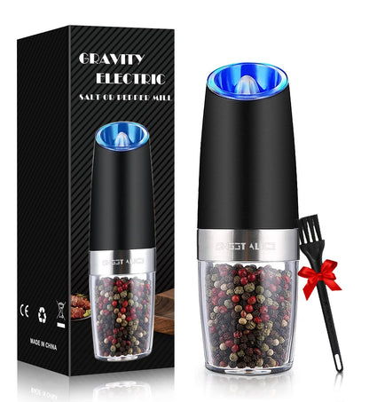 Gravity Electric Pepper/Salt Grinder, Salt or Pepper Mill & Adjustable Coarseness, Battery Powered with LED Light, One Hand Automatic Operation, Stainless Steel (Single/Black)