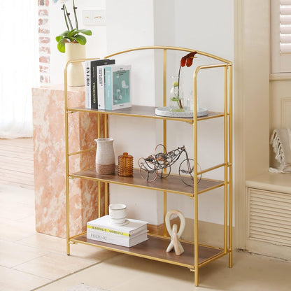 Crofy Folding Bookshelf - 3 Tier Gold Collapsible Bookcase for Living Room & Home Office Storage
