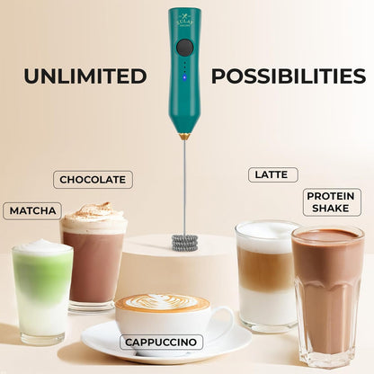 Zulay Kitchen Rechargeable Milk Frother - Dynamic - 3 Speeds, 3 Whisk Attachments, 500 mAh USB Charging, Drink Mixer For Latte, Cappuccino, Matcha, Protein Powder, Coffee Foam - Green Gold