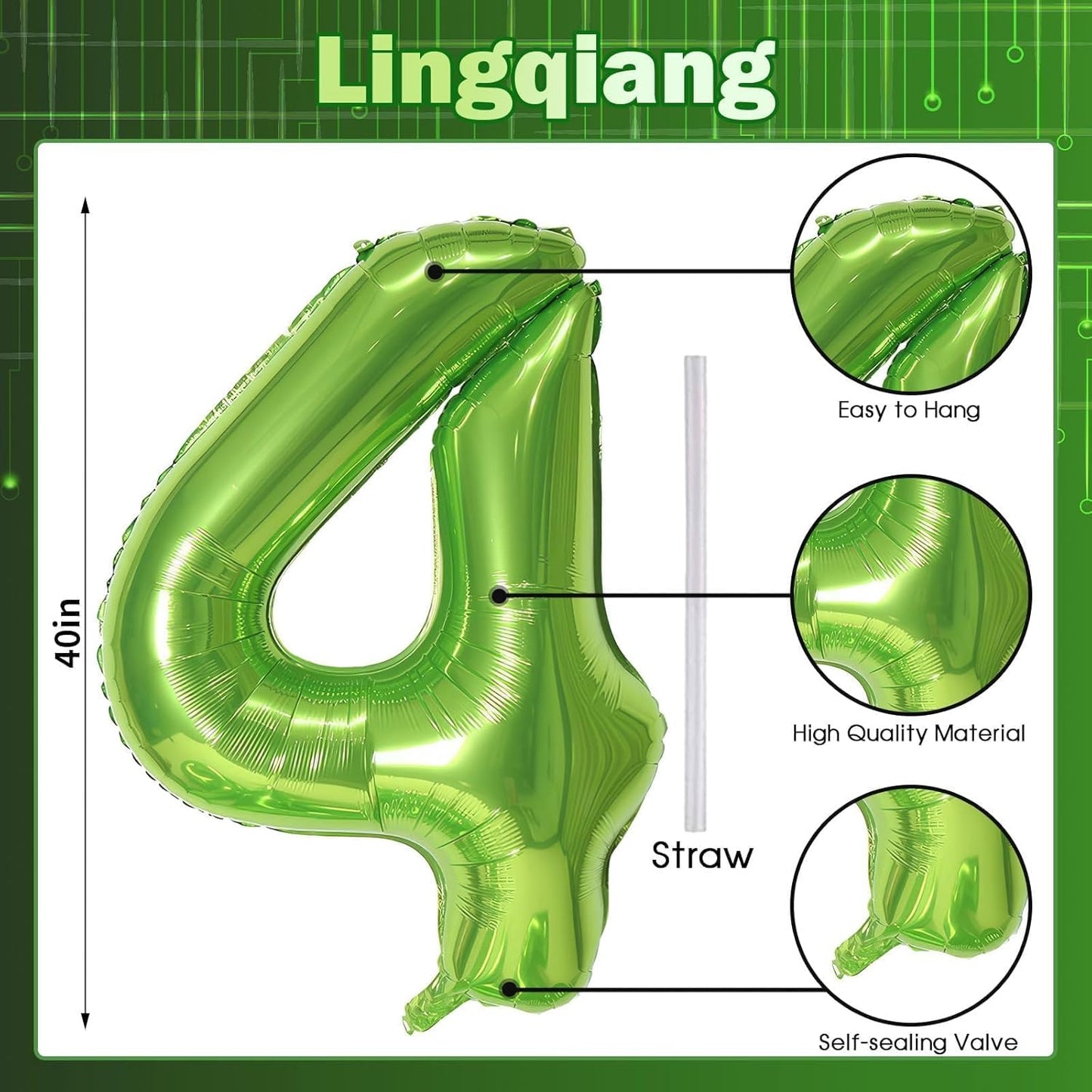 Skiennix 40-Inch Green Foil Number 4 Balloon - Self-Inflating Helium Decoration for Jungle Birthday Parties