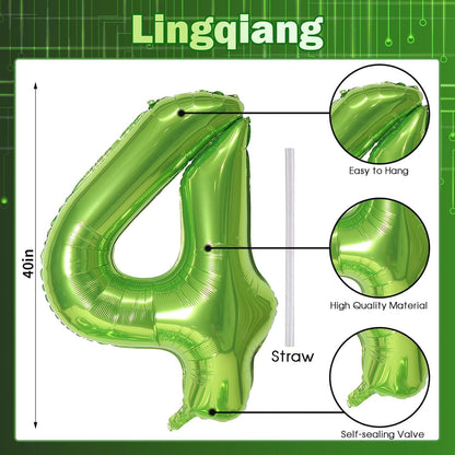 Skiennix 40-Inch Green Foil Number 4 Balloon - Self-Inflating Helium Decoration for Jungle Birthday Parties