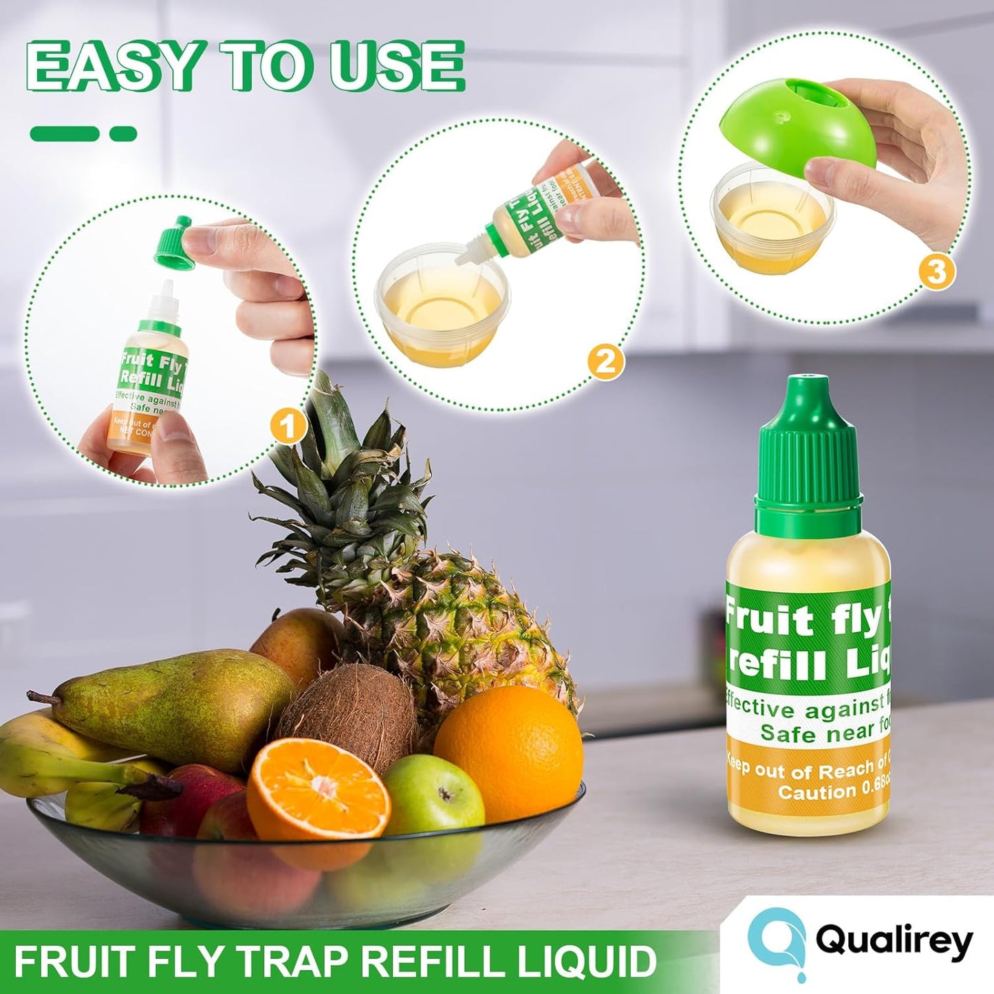 Qualirey Fruit Fly Trap Refill Liquid - 6 Pack, Non-Toxic Bait Safe for Pets & Kids, 0.68oz Each