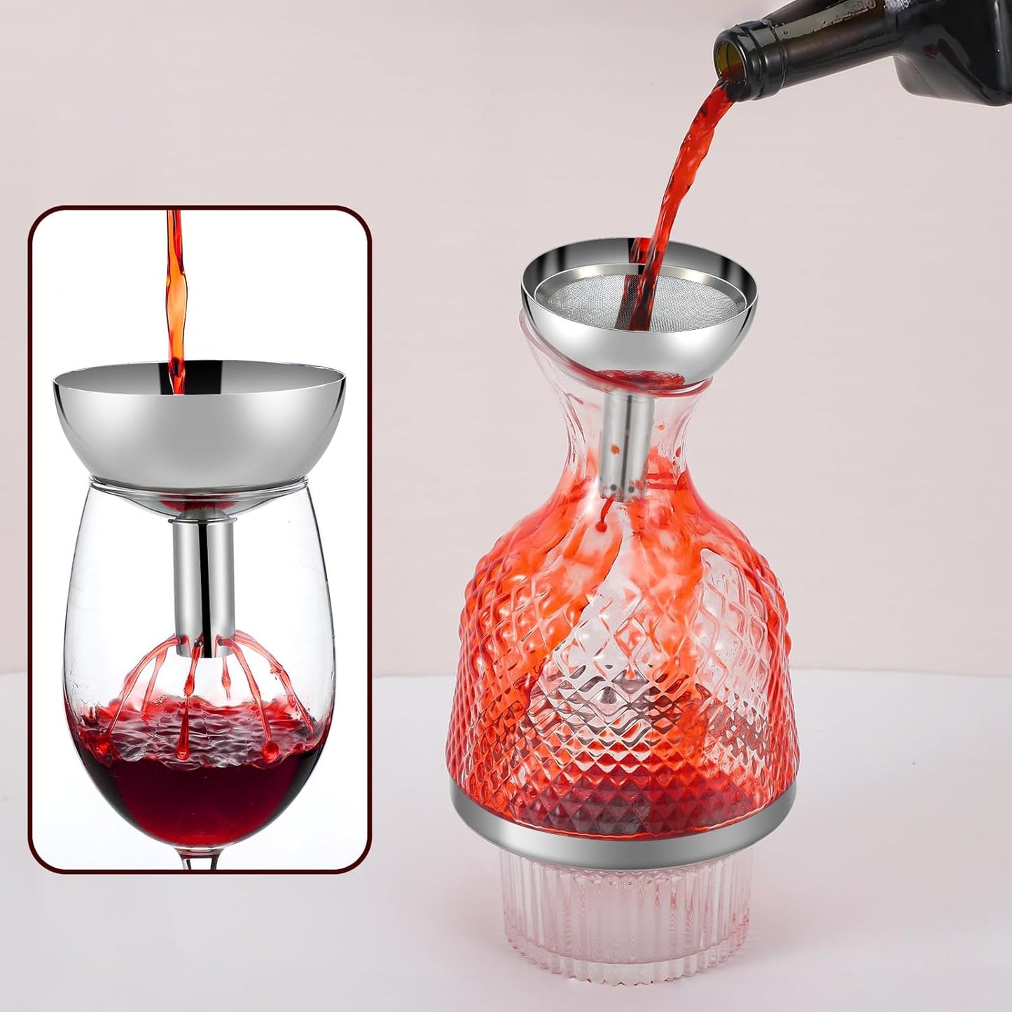 Wine Aerator Shower Funnel with Mesh Sediment Strainer Stainless Steel Aerating Decanter Funnel with Filter and Brushes for Christmas Wine Lover Gift(4)