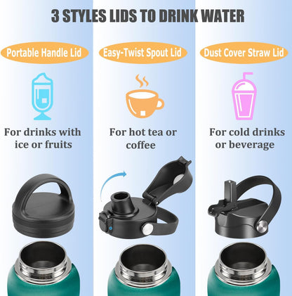 Skiennix Insulated Water Bottle - Leak Proof Stainless Steel with Straw & Spout Lids | 32oz to 128oz Sizes