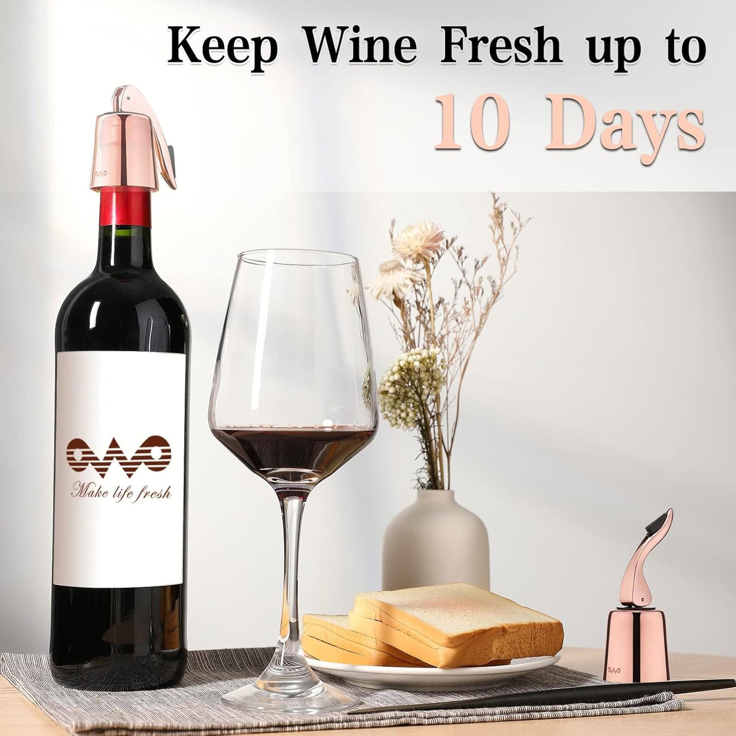 OWO Stainless Steel Wine Bottle Stopper, Reusable Wine Saver with Silicone Seal, Decorative Bottle Sealer, Keeps Fresh (Rosegold, 2 Pack)