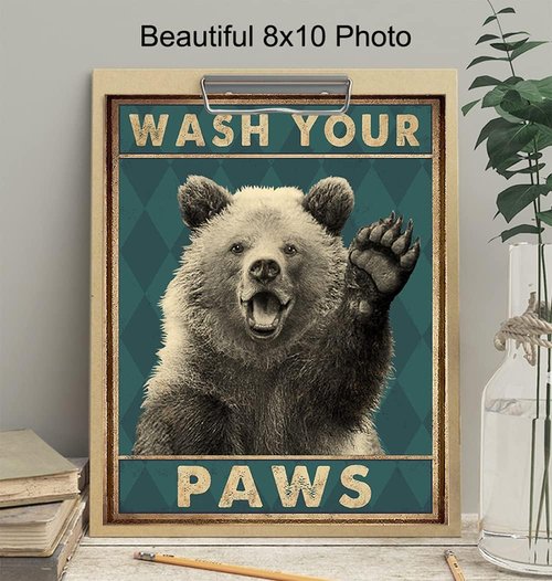 Bear Poster by Wash Your Hands | Kids Bathroom Wall Art & Funny Decor - 8x10 Unframed