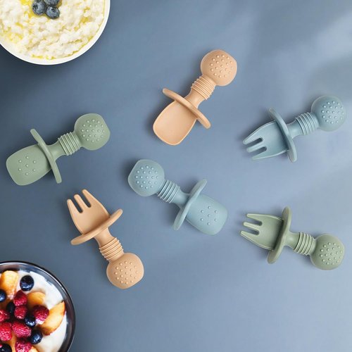 Eascrozn Baby Feeding Set - 6 Pack Silicone Toddler Utensils | BPA Free Self-Feeding Spoons & Forks