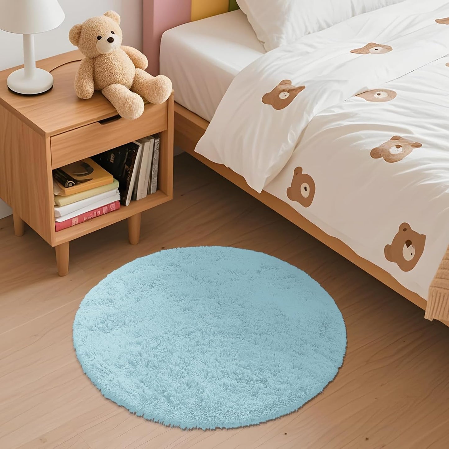 OLANLY Light Blue Round Area Rug - Soft, Fluffy, Machine Washable 2 ft Circle Carpet for Bedroom & Nursery Decor